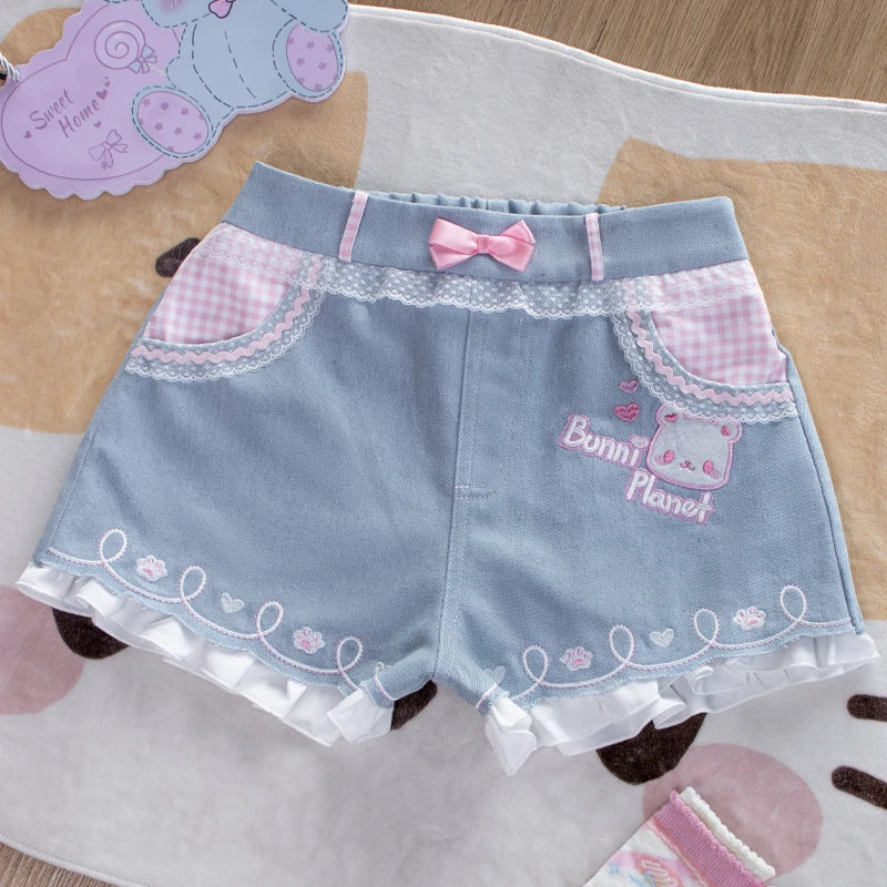 Japanese New Pure Cotton Lace Women's Jeans Original Design Sweet Cute Versatile Age Reduction 2025 Spring Summer Shorts Ladies