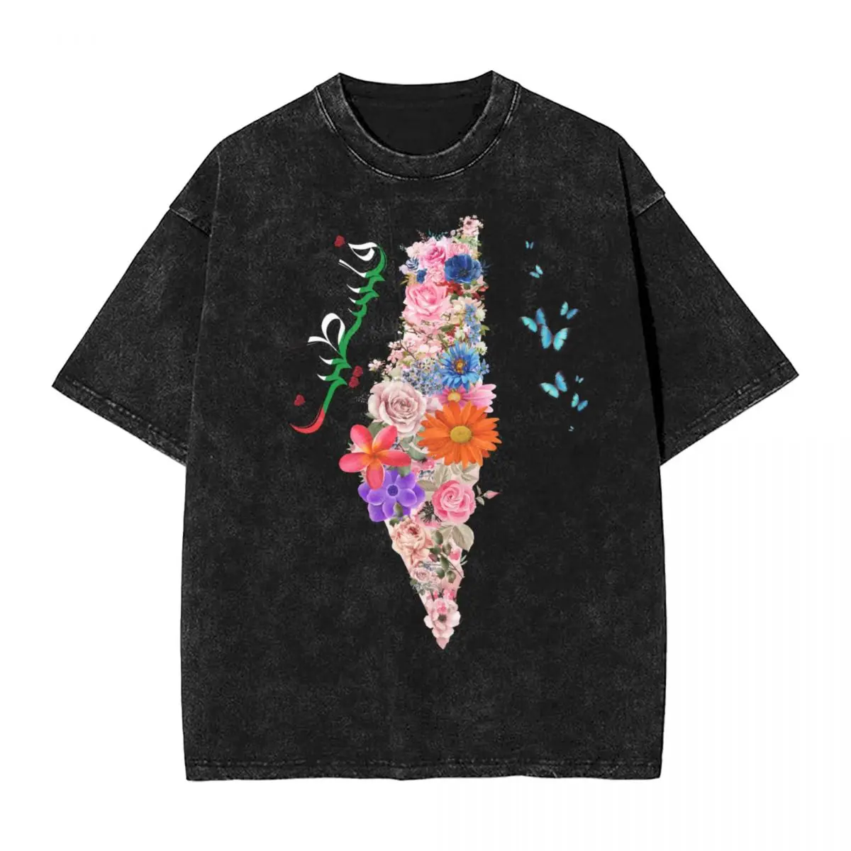 Flower Floral Palestine Palestinian Washed T Shirt Retro T-Shirts Tee Shirt for Men Women Short Sleeve Oversize Graphic Printed