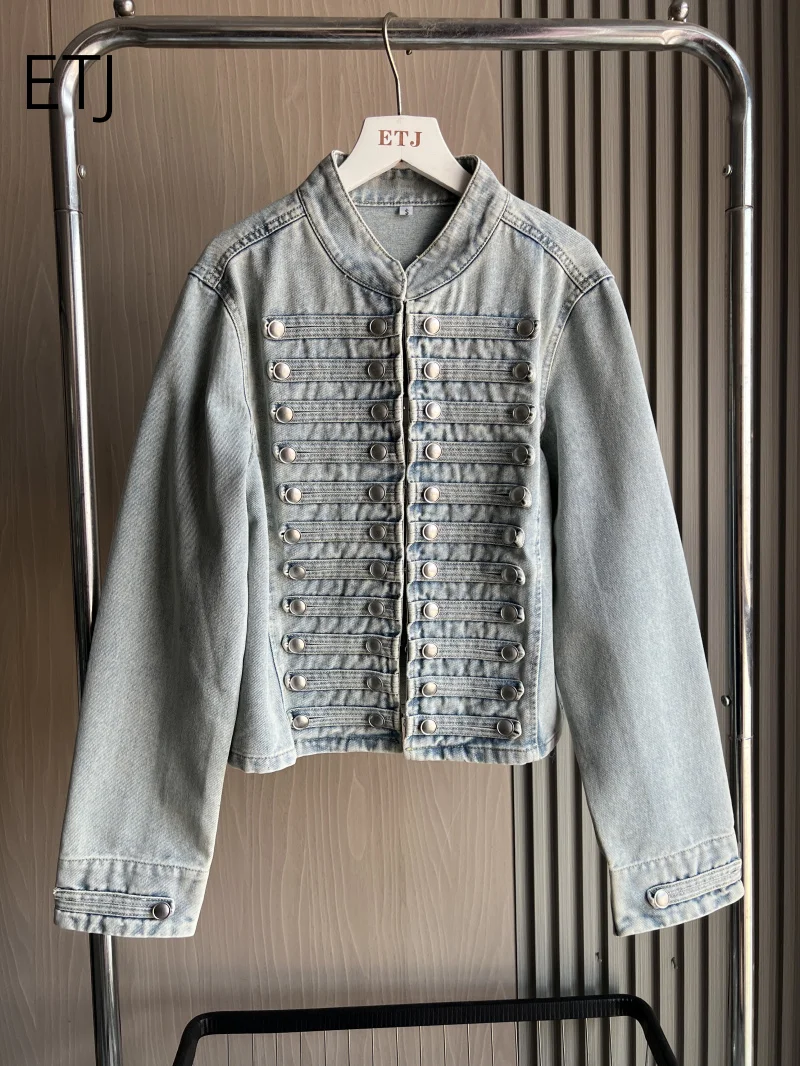 ETJ 2026 Damen Napoleon-Stil Jeansjacke Vintage Militär Doppelreihiger Mantel Silberne Knöpfe Slim Fit Herbst Oberbekleidung – Detail 22