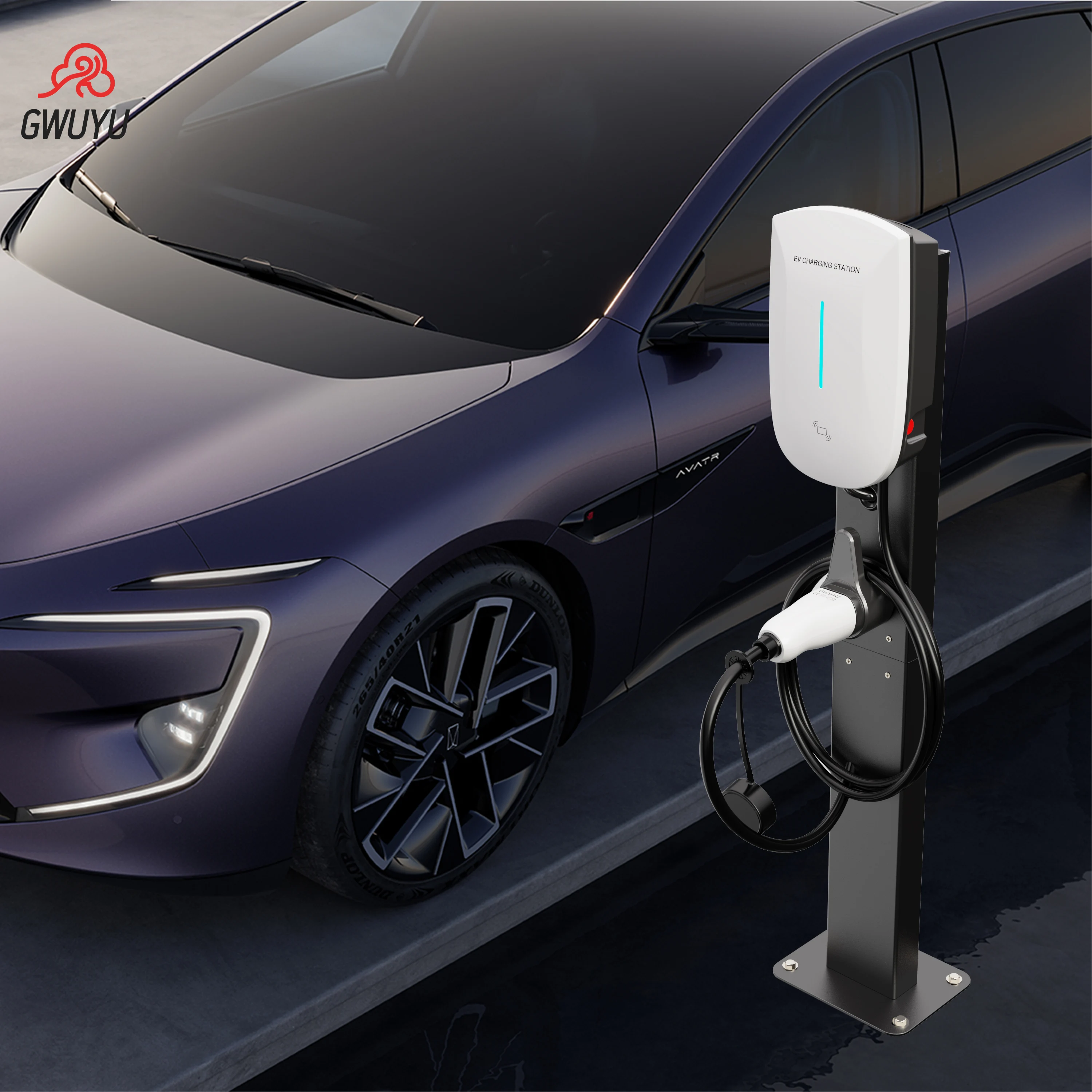 GWUYU محطة شحن السيارة الكهربائية المصنوعة من سبائك الألومنيوم بطول 1 متر كومة مستقيمة مثبتة على الحائط لشحن EV