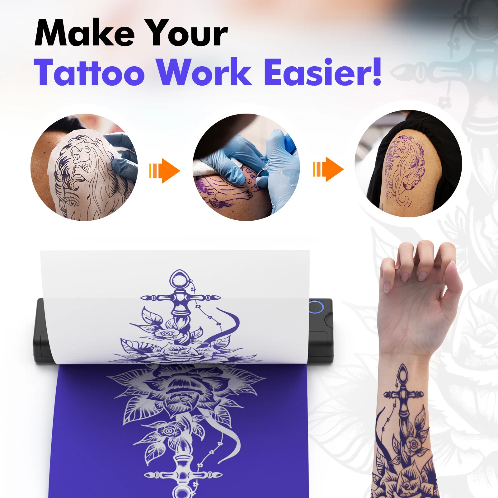Portable A4 Thermal Tattoo Printer with 10pcs, Tattoo Transfer Template Printer Rechargeable Battery, Bluetooth APP Connectivity
