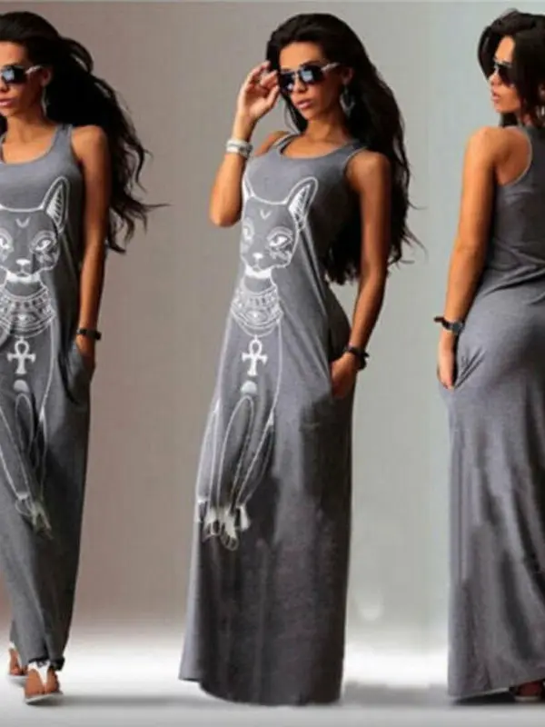

European And American Hot Kitten Print Elastic Waist Long Skirt Street Style Summer Dress for Women 25-29 Years Old
