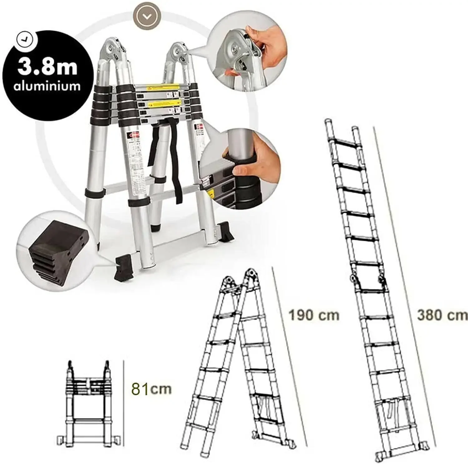 Ladders Extendable Telescopic 1.9M+1.9M Ladder Heavy-Duty Multi Purpose Straight Attic Loft Ladder Portable Folding Aluminium La