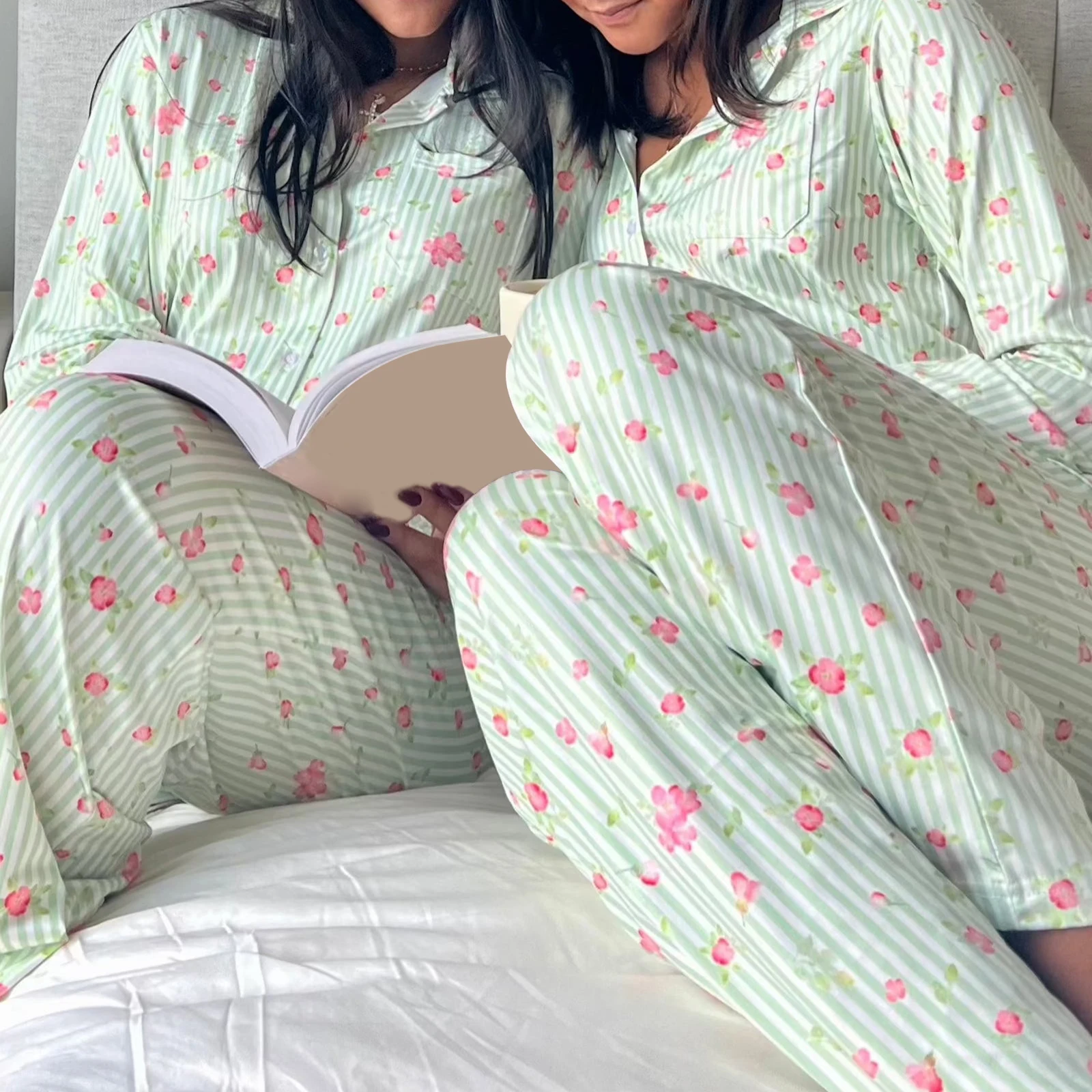 Women y2k Coquette 2 Piece Floral Pajamas Loungewear Sweet Floral Print Long Sleeve Shirt+Wide Leg Palazzo Pants Loungewear