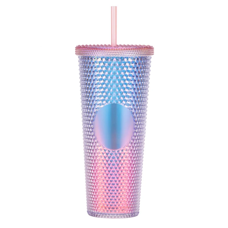 Double Wall 710ml 24oz Noctilucence Plastic Tumbler Bling Studded Straw Cold Cup With No Logo AB color