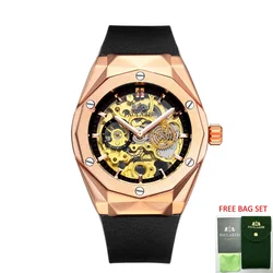 Automatic Watches for Men Skeleton Mechanical Self Wind Rose Gold Silver Black Case Rubber Sports Reloj Hombre Baratos