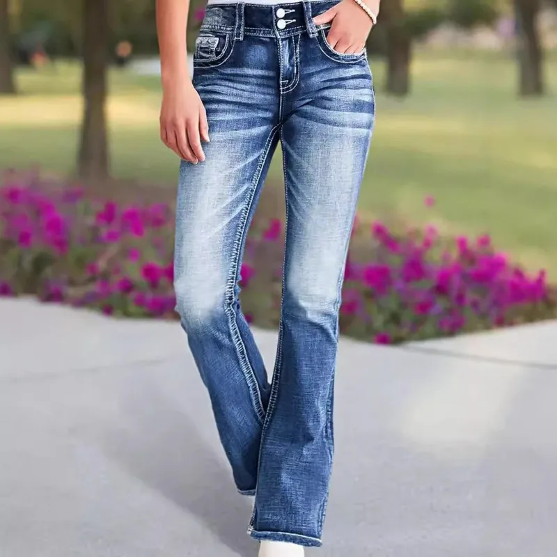 

2026 New Fashion Versatile Embroidered Flare Jeans High Elastic Slim Fit Stretchy Denim Pants for Women Daily Casual Streetwear