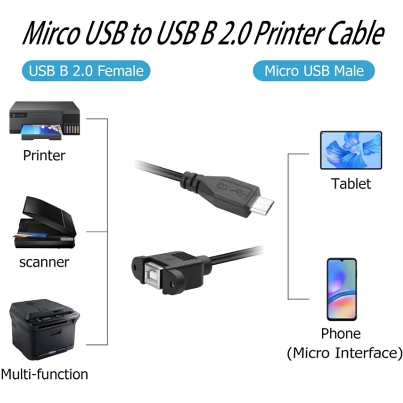 0.3m Micro USB to USB B 2.0 Female Panel Mount Type Cable  Micro Male to USB Type B Female Scanner Extension Cable with Screws