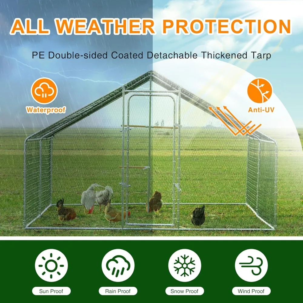 

Chicken Coop Large Metal Chicken Run, Outdoor Walk-in Poultry Spire Roof Cage with Chicken Perch for Hen House, Duck Coop and Ra