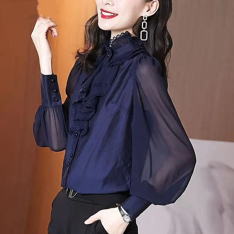Spring and Autumn Women's Solid Button Ruffle Collar Bubble Sleeve Slim Fit Loose Chiffon Shirt Fashion Elegant Commuter Tops