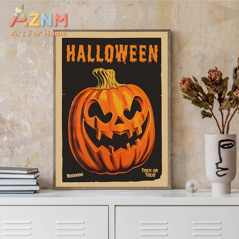 Retro Halloween Wall Art Cute Spooky Bat & Colorful Haunted House Canvas Print Pumpkin Trick or Treat Poster for Home Decor Gift