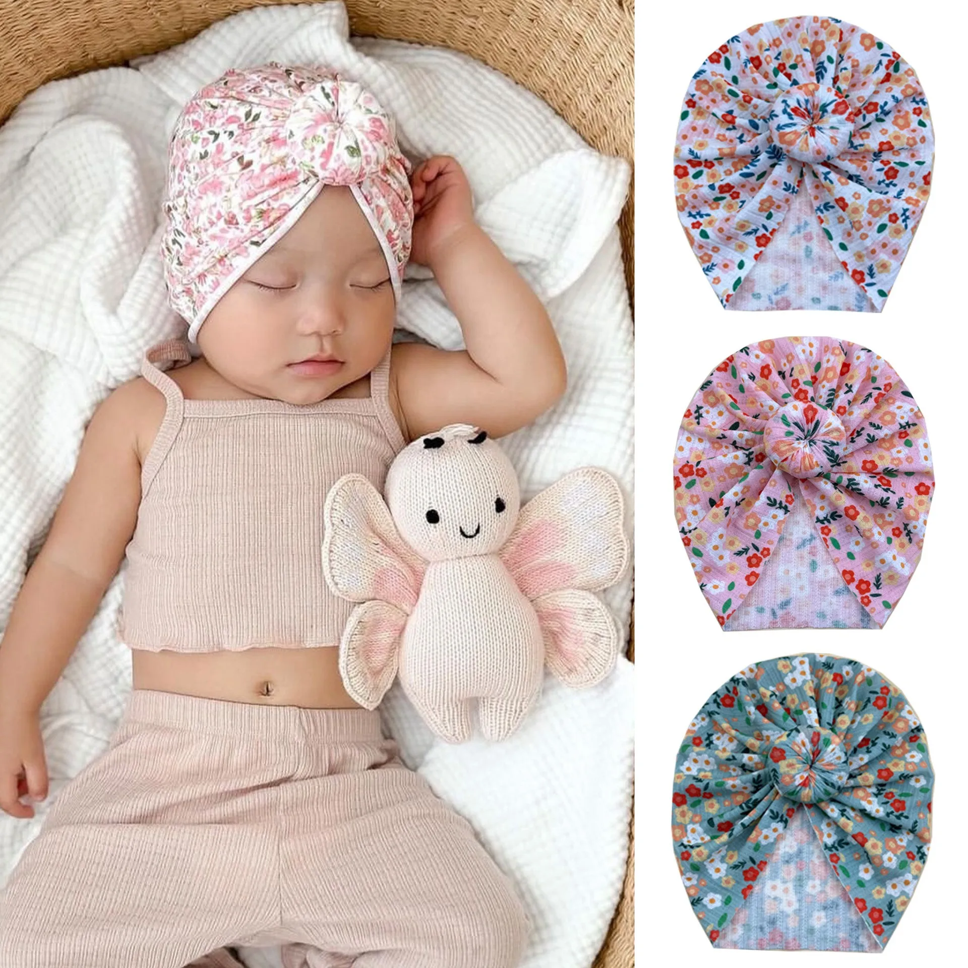 

New Round Bowknot Turban Baby Girls Caps Infant Beanie Caps Cotton Newborn Floral Prints Donuts Head Wraps Toddler Headwear