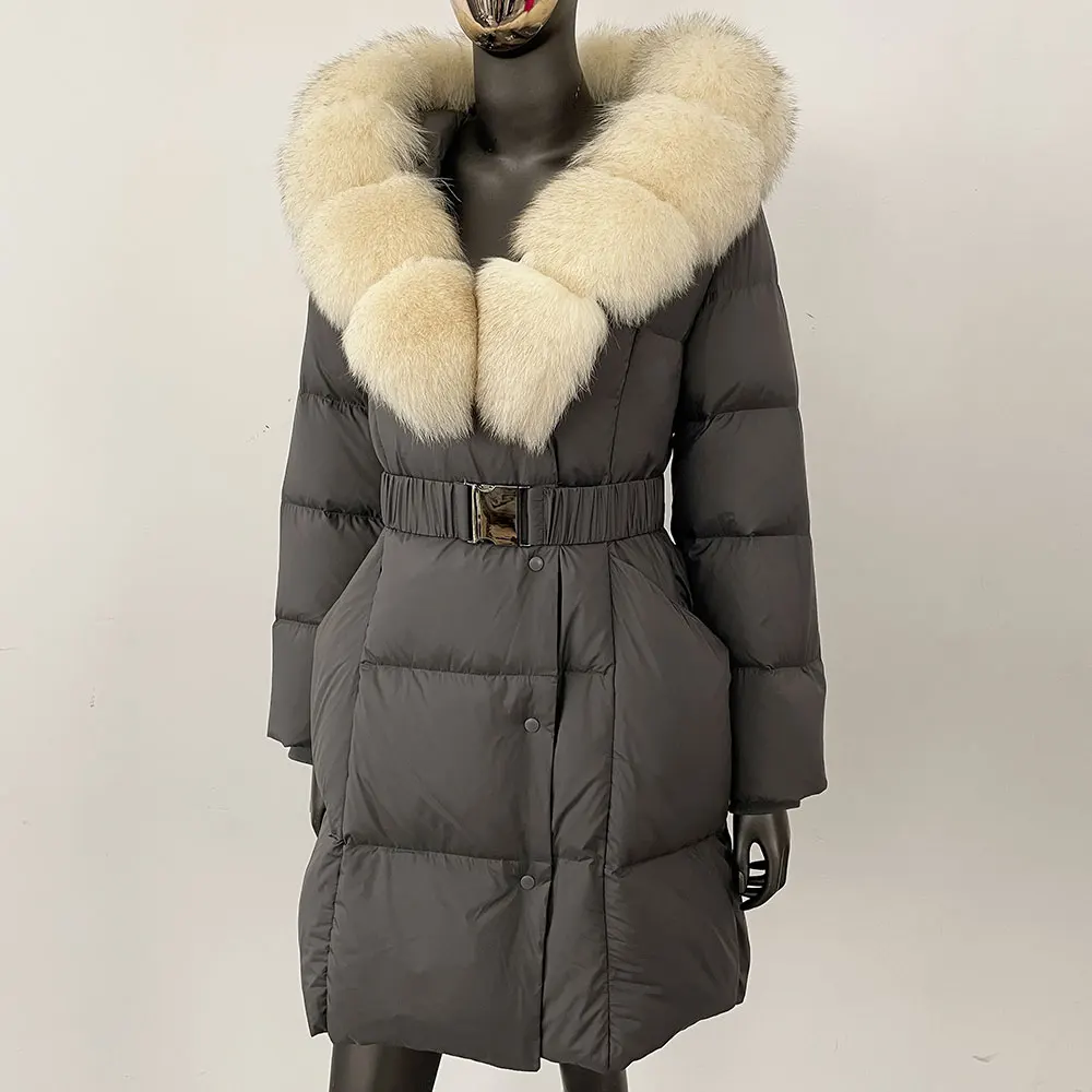 2025年冬 レディース 本物の天然フォックスファー襟付き ホワイトダックダウンコート ファッションフード付きカシミヤ 新作 オーバーサイズ レディース アウタージャケット