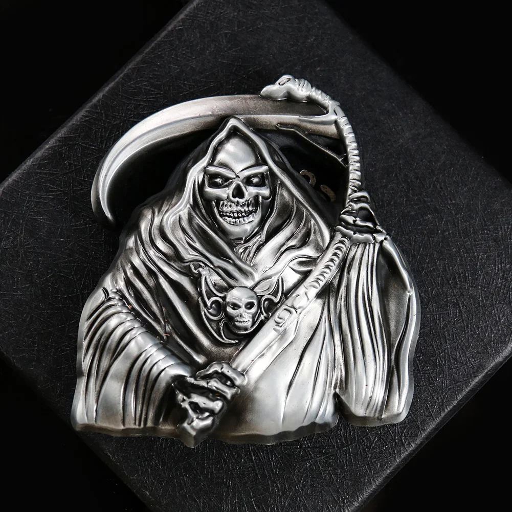 Hebilla de cinturón de vaquero de película de GRIM Reaper negro para hombre, Correa artesanal de cuero de Pewter, Sadan Devil, lazo de acabado, accesorio para Jeans, regalo