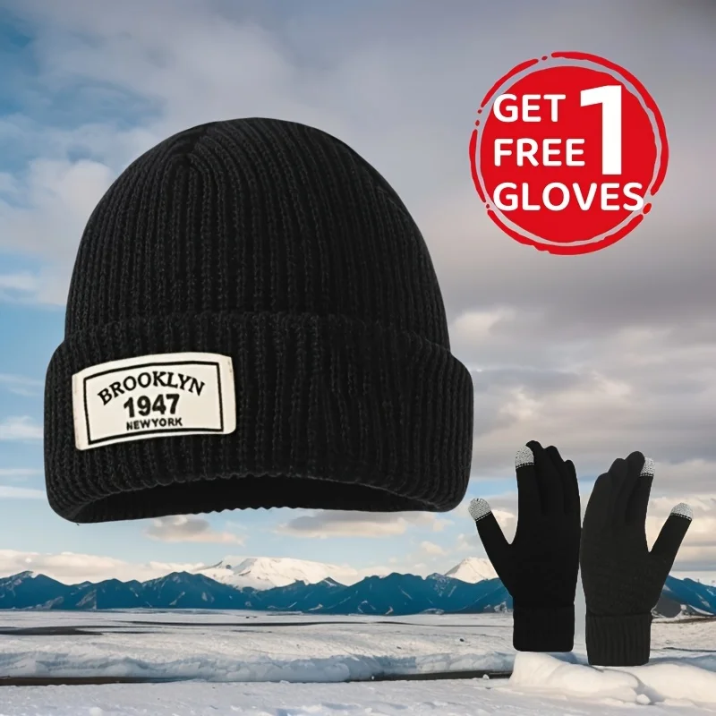 2-Pack Gloves with Hat - Warm Knitted Beanie - High-Elastic Street Style Letter Pattern Hip-Hop Knit Hat with Knitted Gloves, Id