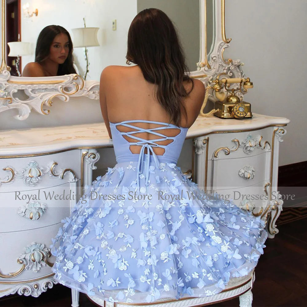 Vestidos de Fiesta de noche de encaje azul cielo claro, una línea, cuello en V, vestidos de cóctel para mujer, Mini Vestido corto de graduación con cordones sin espalda