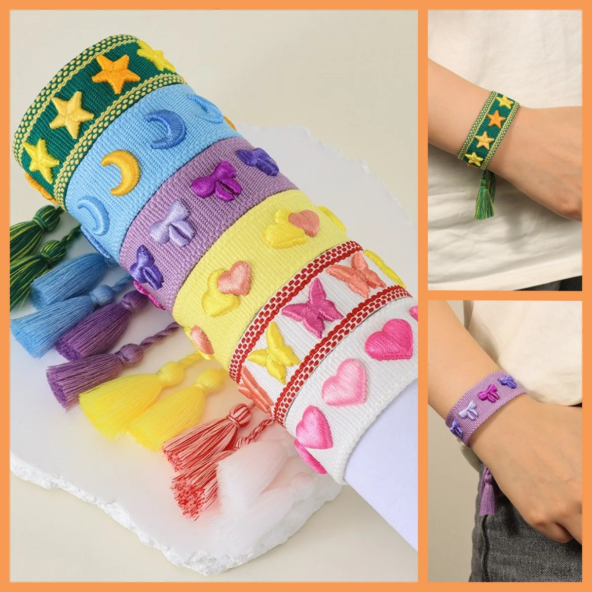 

embroidered bracelet Love Letter Embroidery Webbing Red Color Five Little Hearts Artistic Creative Tassels Concert Ribbon Bracel