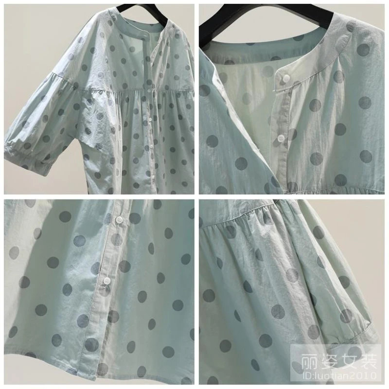 Blusa de gasa con cuello redondo para mujer, camisa holgada de manga corta con estampado de lunares, Estilo Vintage Harajuku, Verano