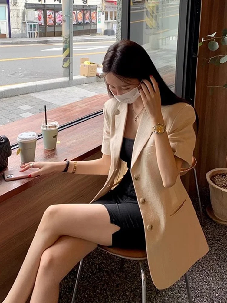 Chic Summer Vintage High-End Feel Colletto del vestito Bottone singolo Casual Versatile Dimagrante Or Sve Cotone Lino Jaet Donna