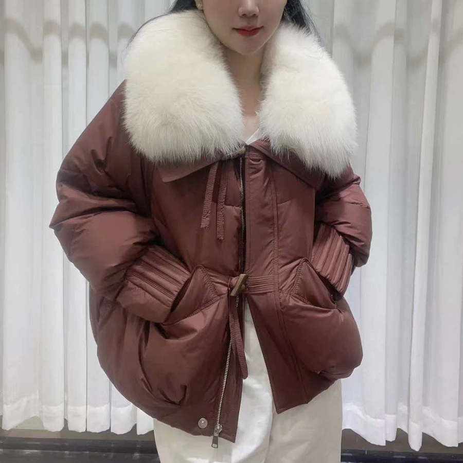 Winter Puffer Jacket Real Fox Fur Collar Goose Down Jacket Women Short Goose Down Coats Luxury Warm