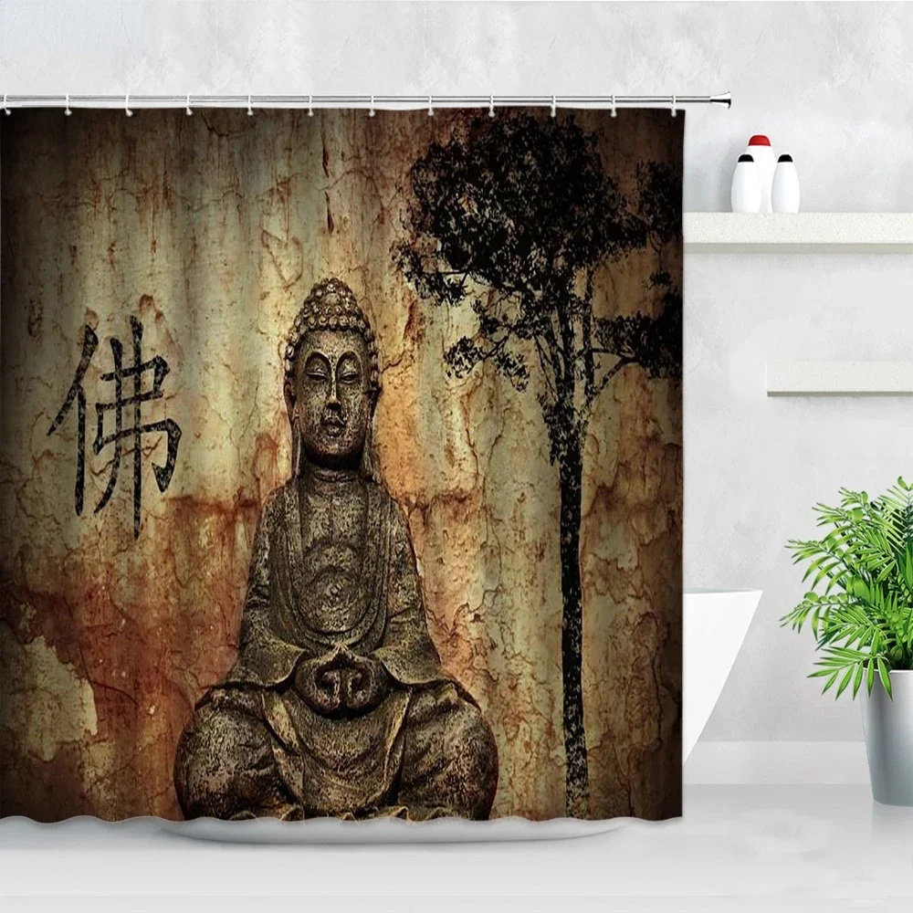 Buddha Shower Curtain Hook Fabric Cloth Bath Decor Bathroom Accessories Set Polyester Washable