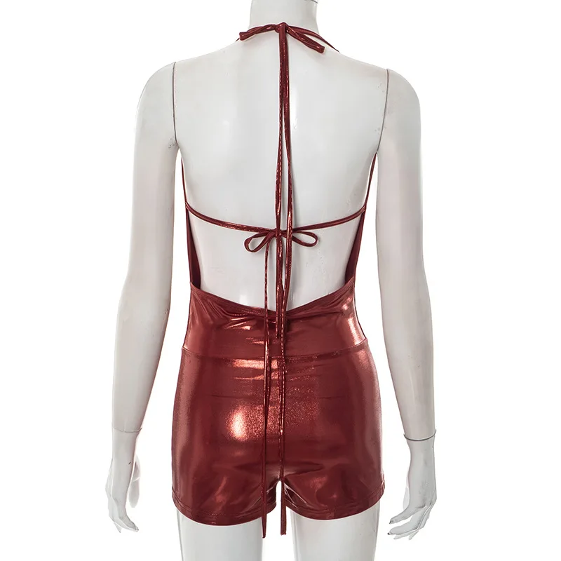 أنيق سيدة بولي Leather الجلود بلايسوت 2025 الصيف النساء الرسن الخامس الرقبة عارية الذراعين Bodycon بلون مثير نادي حفلة سليم السروال القصير
