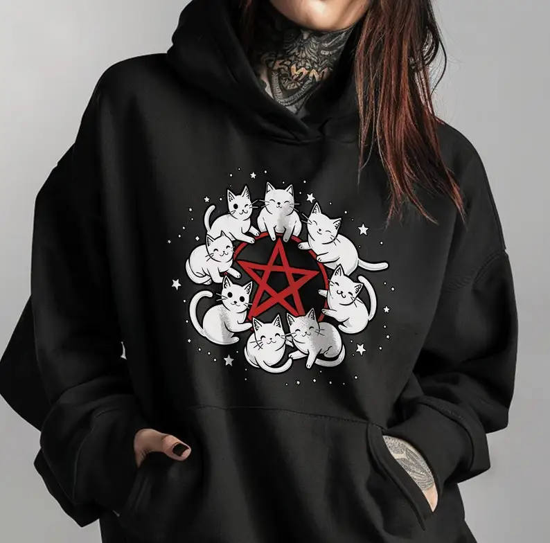 

Hex Cat Hoodie, Funny Goth Dark Kawaii Hoodie Alternative Clothing, Scene Elder Emo Witchy Vibes Jumper, Gift For Women Man Anim