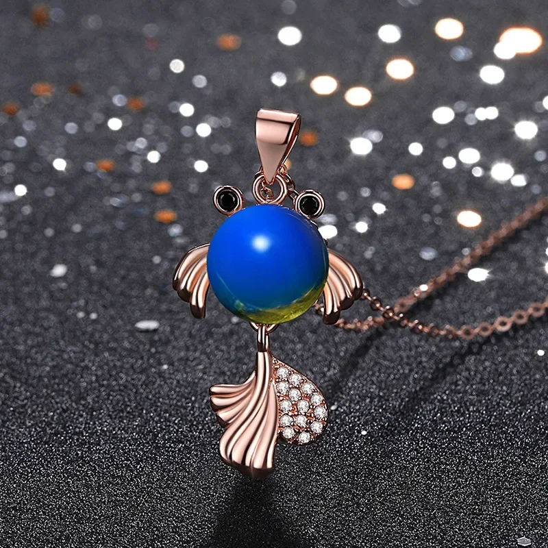 Blue Amber Goldfish Pendant Zircon Women Necklace Charm Gemstone Crystal Chinese Gifts Jewelry Fox Amulet 925 Silver Natural