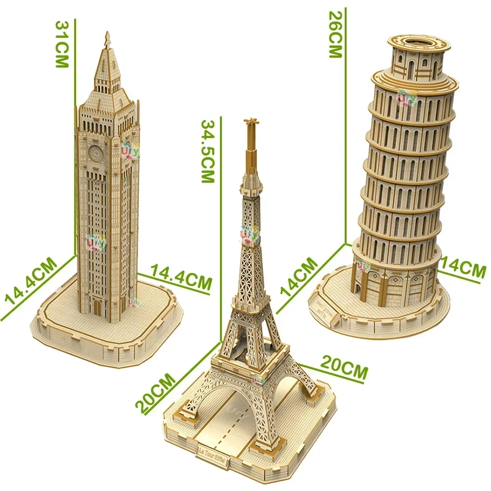 Ury 3d quebra-cabeça de madeira torre eiffel inclinada de pisa famosos clássicos europeus construção modelo de arquitetura mundial brinquedos diy decoração