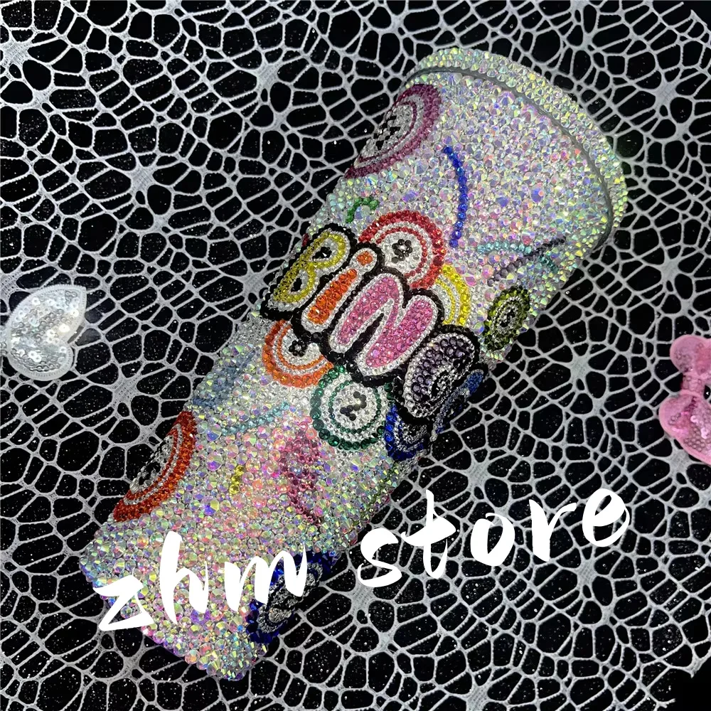 

Stunning Bedazzled 24oz Good Lucky Pray Wealth Handmade Bling Rhinestone Luxury Summer Cool Dringing Cup with Straw