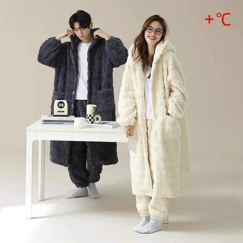 

Autumn Winter Couple Pajamas Women's Coral Fleece Long Robe Warm Comfortable Jacket Home Suit Set Hooded Nightgown Worn Outside