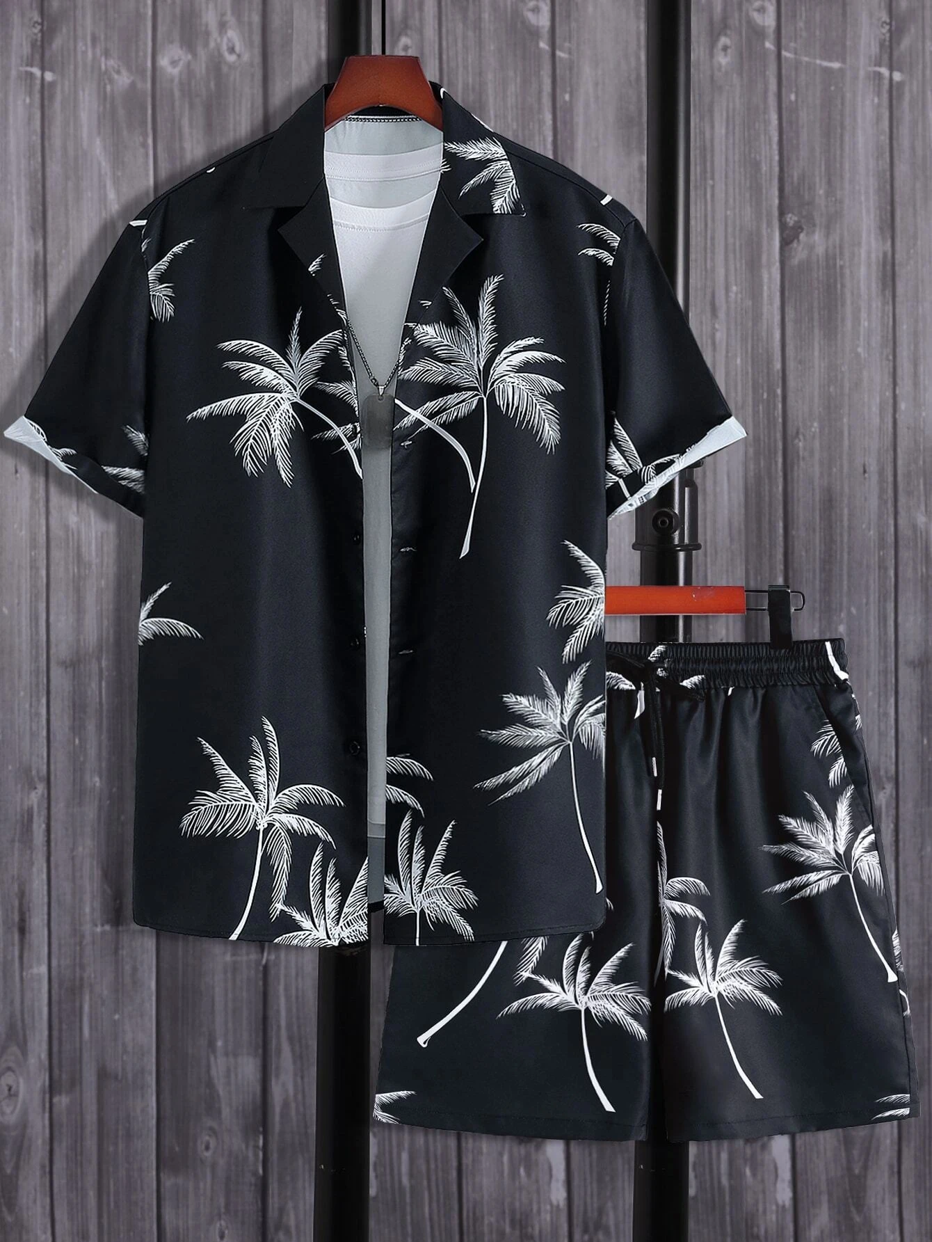 Summer Men and Women Short Sleeve Outfits Tropical Palm Tree Print Fashion Button Up Shirt Tops Short Sleeve Shorts