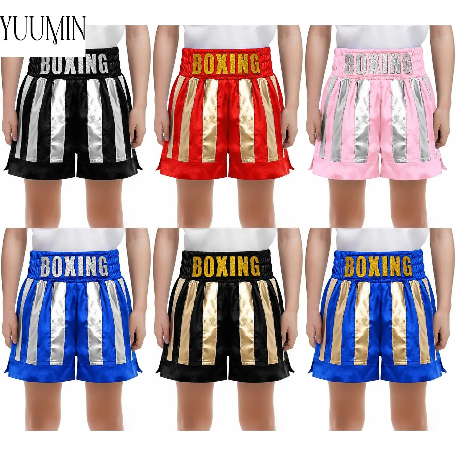 

Muay Thai Shorts New Boxing Shorts Kids Boys Boxing Trunks Elastic Waistband Sides Slit Metallic Satin Boxer Training Shorts