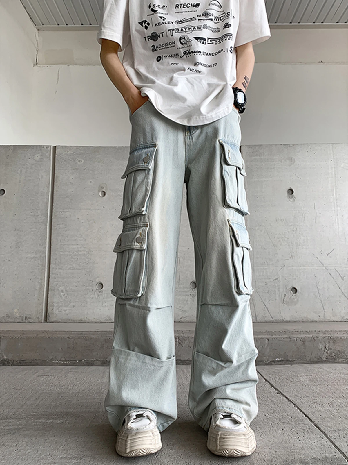 

Retro Multi-ket Workwear Jeans Men's Loose Straight Leg Slimming Wide Leg Pants Summer Trendy High Street Vibe Sle