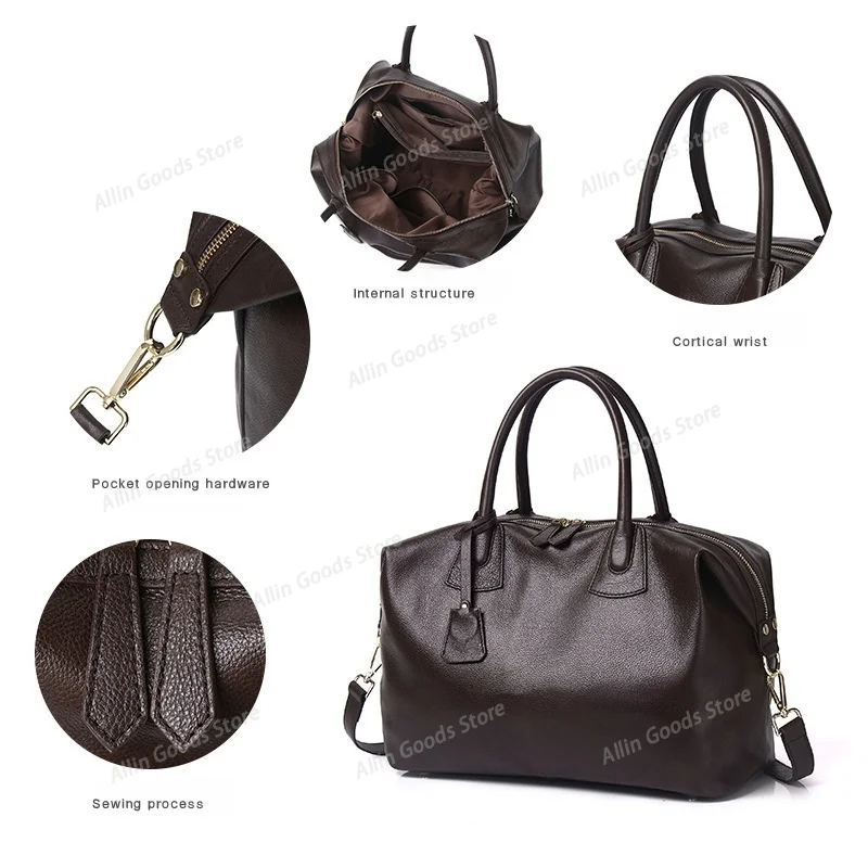 Genuine Cowhide Leather Large Travel Duffle Tote Bag, Women Soft Weekend Handbag, Multi-way Single Shoulder Messenger Bag