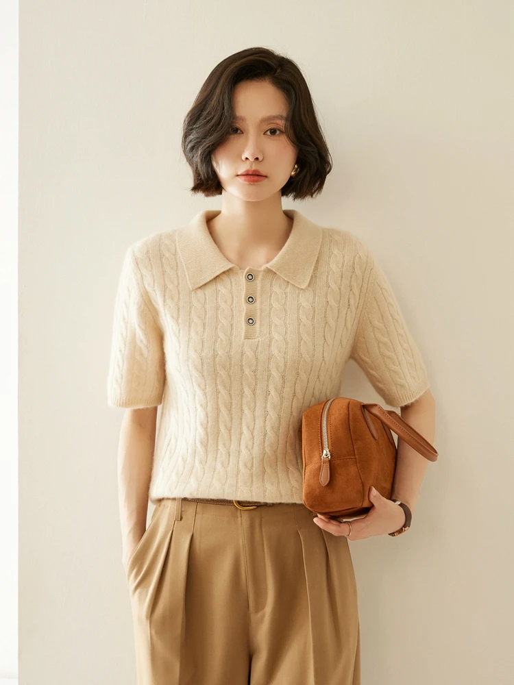 

Women's 100% Cashmere Sweater Polo Collar Pullover Knitted Retro Loose Style Medium Thick Cashmere Knitted Short Sleeved Top