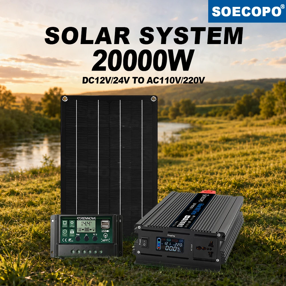 Household Camping Solar Generation Set 2000W Continuous Inverter 20000W Peak Complete 600W Panel and MPPT Charge Controller