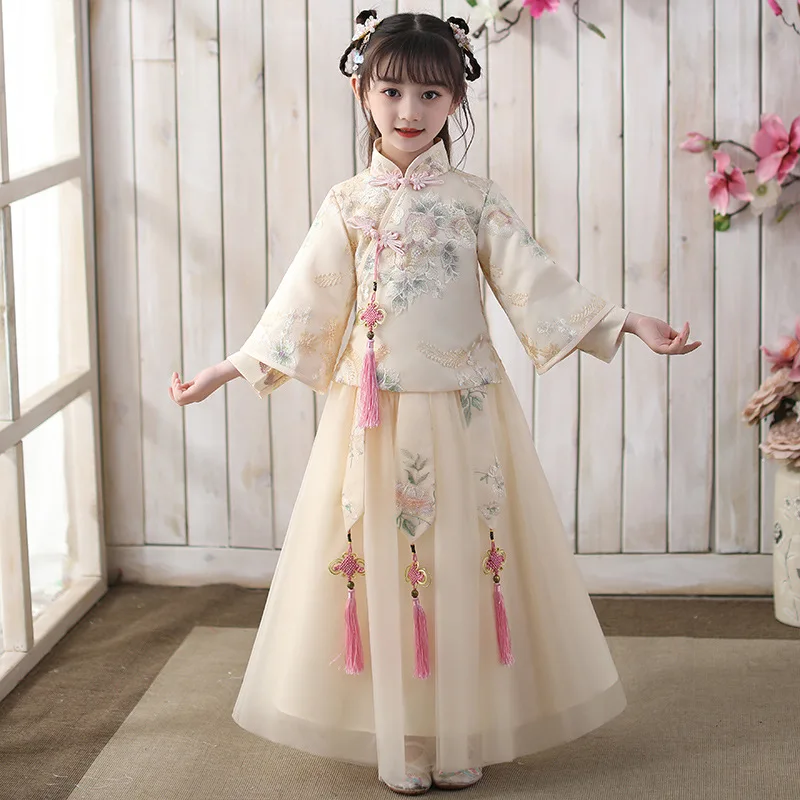 

China Style Girl Hanfu Kid Vintage Suit Fairy Princess Long Sleeves Flowing Pink Champagne New Year Traditional Chinese Dress