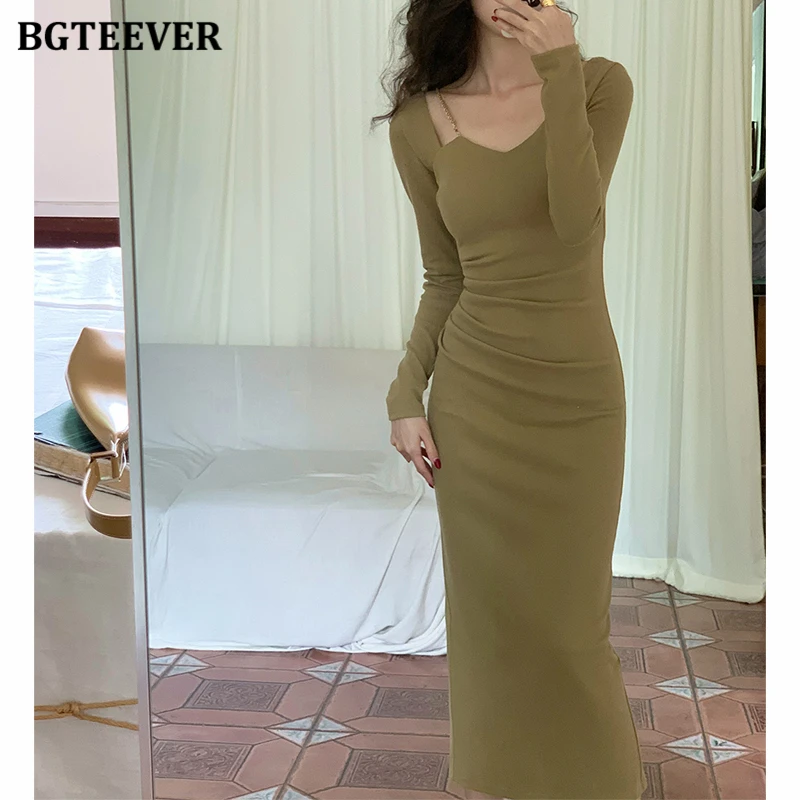 BGTEEVER Vintage Square Collar สุภาพสตรีสะโพกชุดเข้ารูปฤดูใบไม้ผลิ Elegant Slim เอวยาวเสื้อ \ \ \ \ \ \ \ \ \ \ \ \ \ \ ชุดผอม