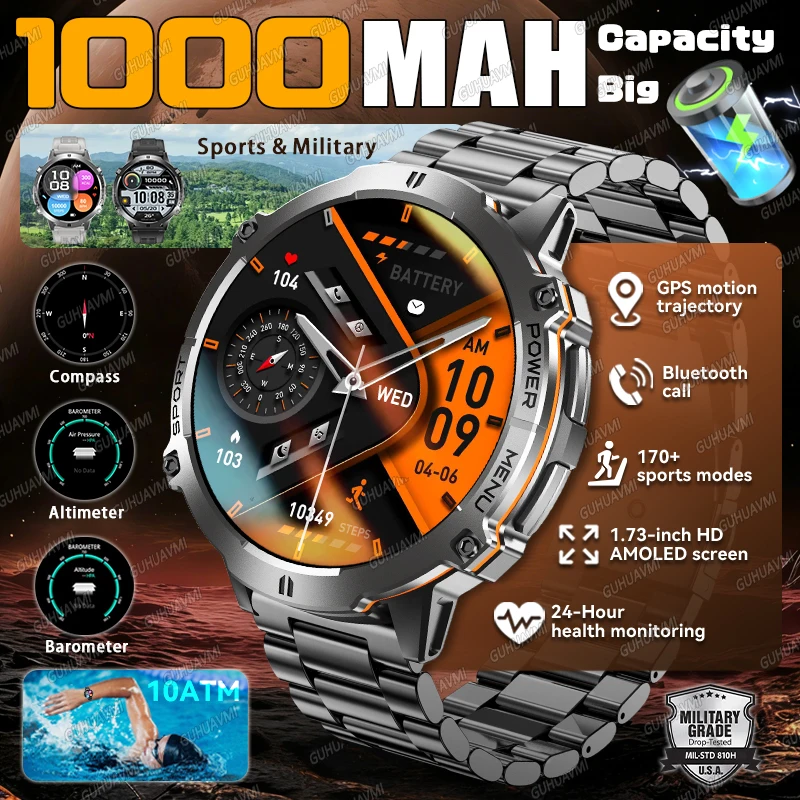 

2026 New Military Sports Smart Watch 1.73-inch AMOLED 1000mAh Battery 10ATM waterproof BT Call GPS track Compass Smartwatchs Man