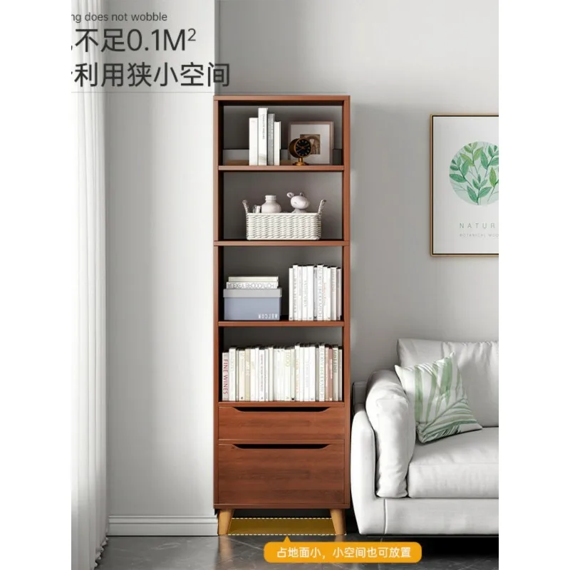 Solid wood bookshelf, floor-to-ceiling shelf, household bookcase, locker integrated, locker next to the TV