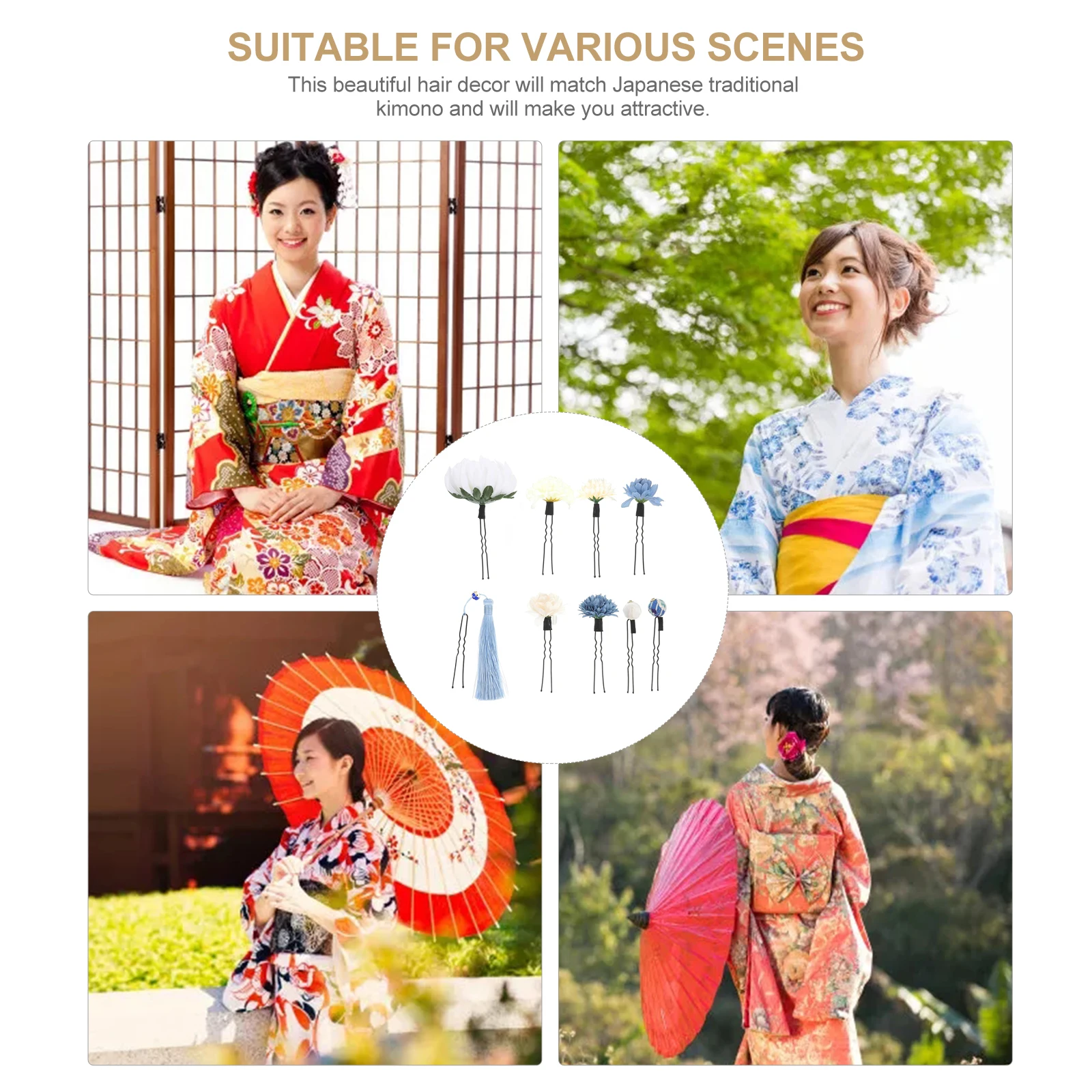 

9 Pcs Bridal Hair Accessories Chrysanthemum Hairpin Japanese Kimono Headdress Stick Women Flower Silk Cloth Hairpins