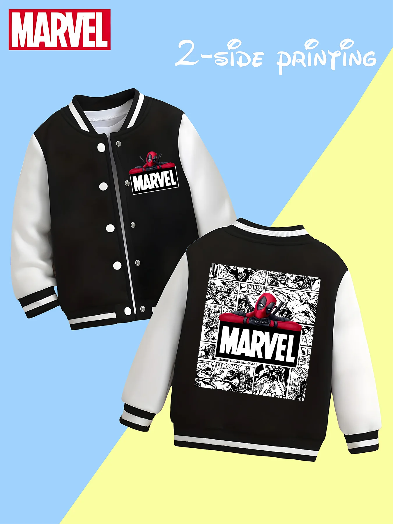 سترة بيسبول MINISO Marvel Boys - Deadpool، كلاسيكية باللونين الأبيض والأسود، قماش ناعم، دافئة ومريحة، صديقة للبشرة، عصرية