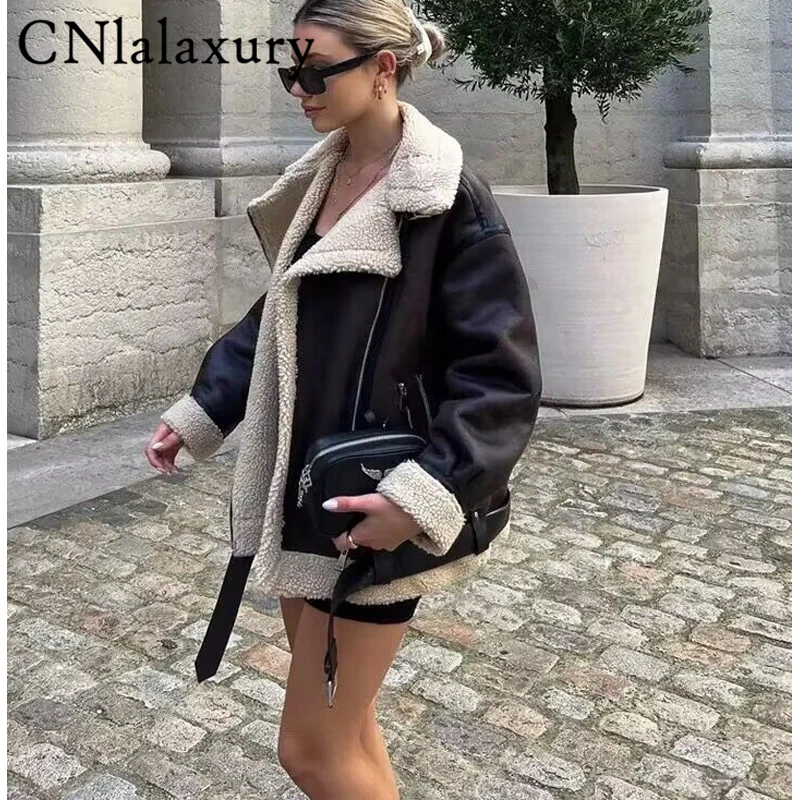 CNlalaxury Autumn Winter Women Faux Lamb Fur Leather Jacket With Belt Streetwear Female Zipper Loose Moto Biker Coat Outwear