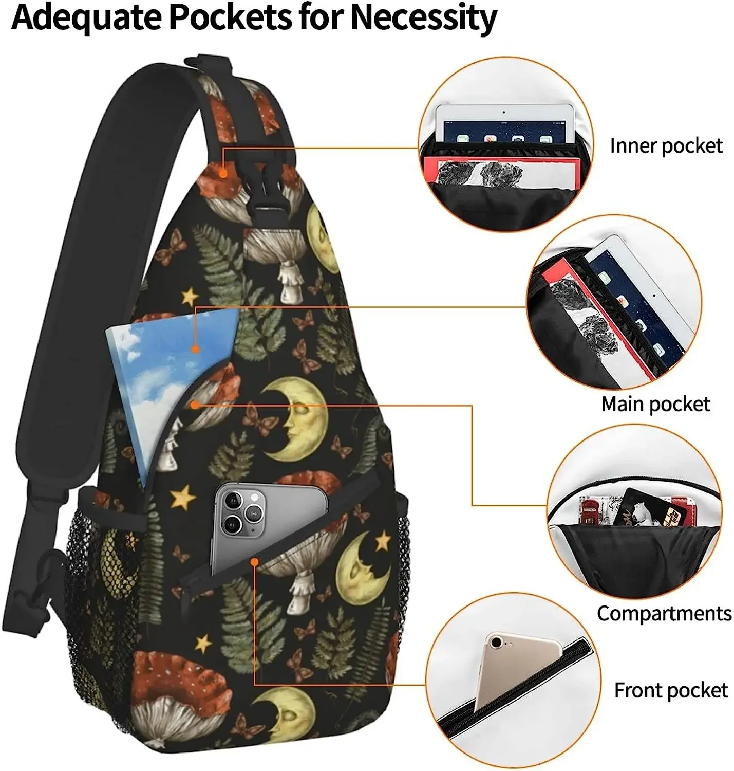 Sling Bag Gothic Butterfly Mushroom Magic Hiking Daypack Crossbody Shoulder Backpack Travel Chest Pack for Men Women Over