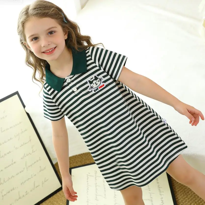 2026 Neues koreanisches Kinderkleid, Mädchen Sommer Casual Cartoon Gestreiftes Kurzarm-Prinzessinnenkleid mit Revers – Detail 5