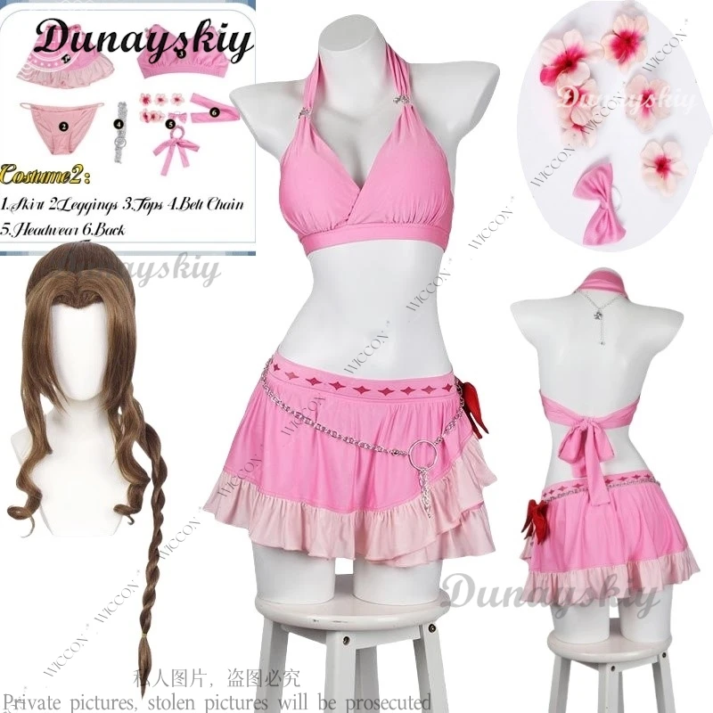 Aeris seksowny strój kąpielowy bikini Set Aerith Gainsborough Cosplay FINAL FANTASY kostium peruka strój dla dorosłych kobiet Sitra Halloween