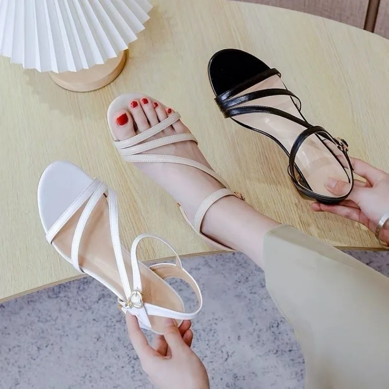 Woman Shoes Open Toe White With Medium Heels For Office Work Leather Sandals Women Anti Slip Hot Summer 2024 Offers Vip Footwear