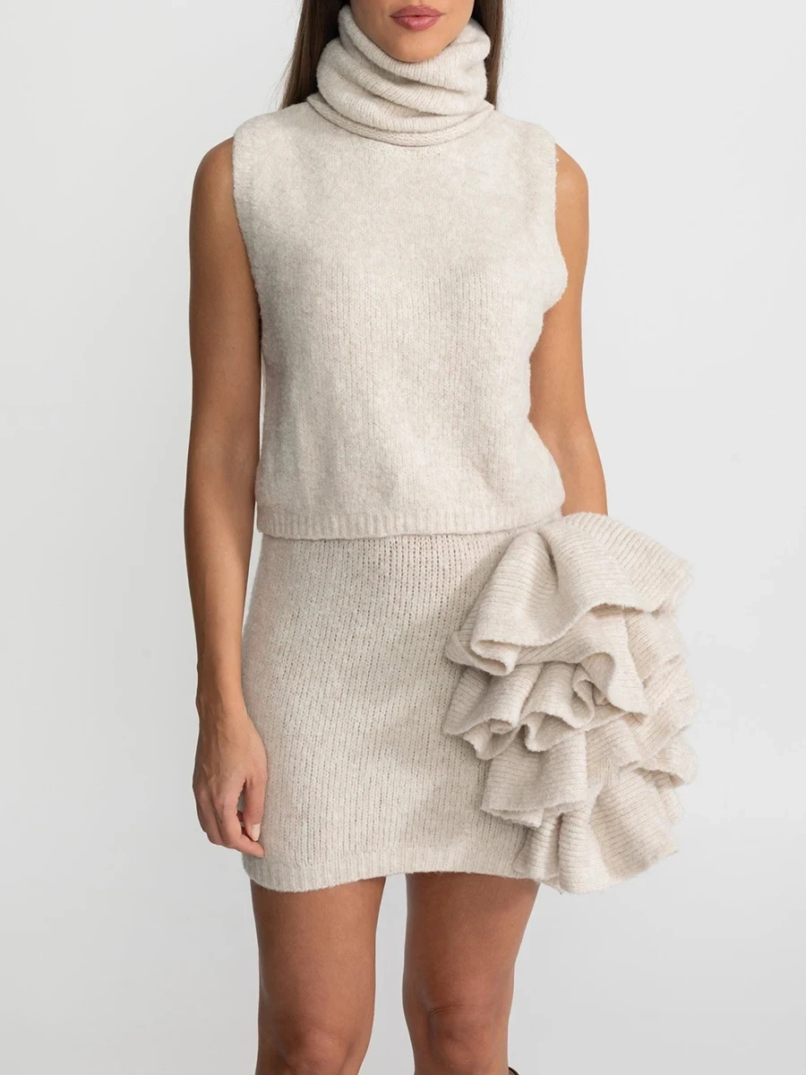 VGH Driedelige set voor dames Opstaande kraag Vest Hoge taille Gesplitste 3D-plooien Minirok met gebreid vest Jas Outfits Dames