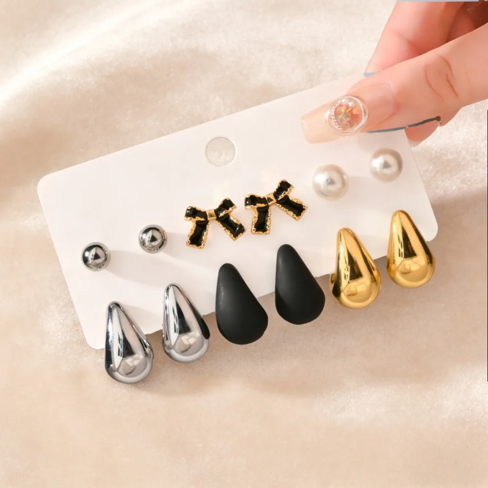 6 Pairs of Multi-Style Earring Sets, Including Minimalist Round Bead Earrings, Sweet and Cool Bow Earrings, and Three-Color Water Drop Earrings. Suitable for Workplace Commuting, Casual Wear, Dating, Vacations, Valentine's Day, Birthdays, and Holidays. Gift for Girlfriend/Best Friend/Classmate